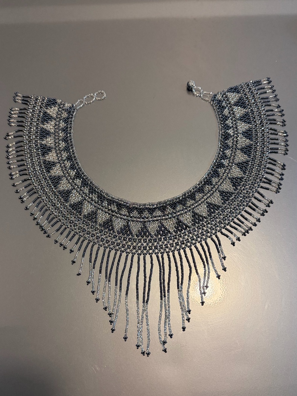 Beaded Fringe Statement Necklace in Blue & Silver